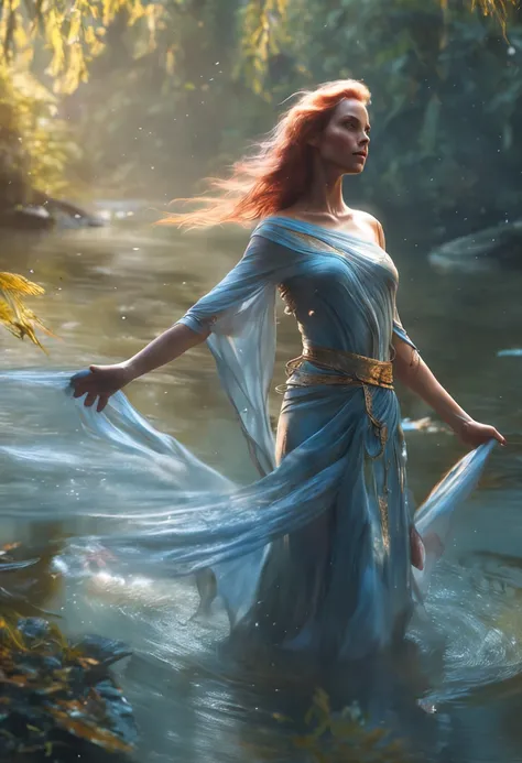 lady of the lake, a fey woman partially submerged, arms outstretched (((holding Excaliber sword horizontaly))), water dripping off of clothes, flowing gossamer clothing, enchanting,artstation,smooth, sharp focus,art by ross tran and greg rutkowski and alph...