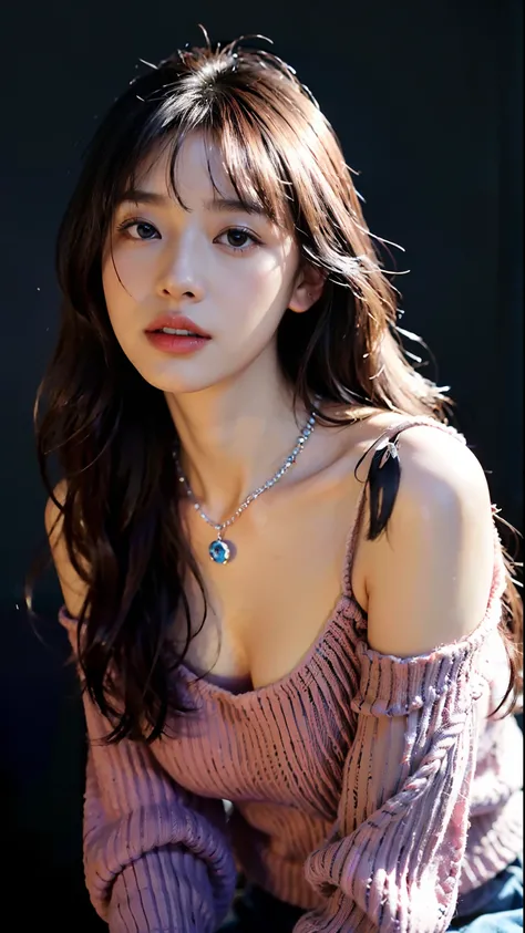 (top-quality、8K、32K、​masterpiece、nffsw:1.2)、Photo of a cute Japanese woman、large full breasts、semi long hair、The upper part of the body、sface focus、(Blue Super Large_Sweaters、:1.1)a necklace、simple background、looking at the viewers、Leaning forward、Chain Ne...