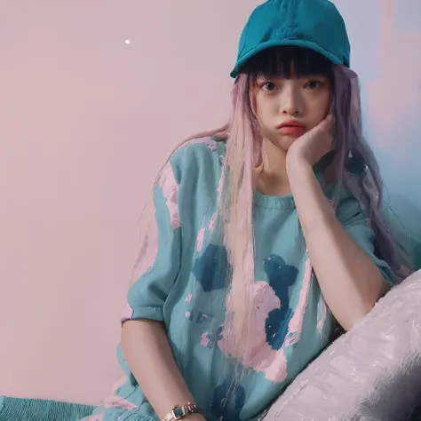 there is a woman sitting on a bed with a hat on, lofi girl, lofi girl aesthetic, lofi portrait, vaporwave style, lofi artstyle, teal aesthetic, aesthetic!!!!!!!!!!, lo fi, lo fi colors, with teal clothes, lo-fi art, lofi feel, she is wearing streetwear, la...