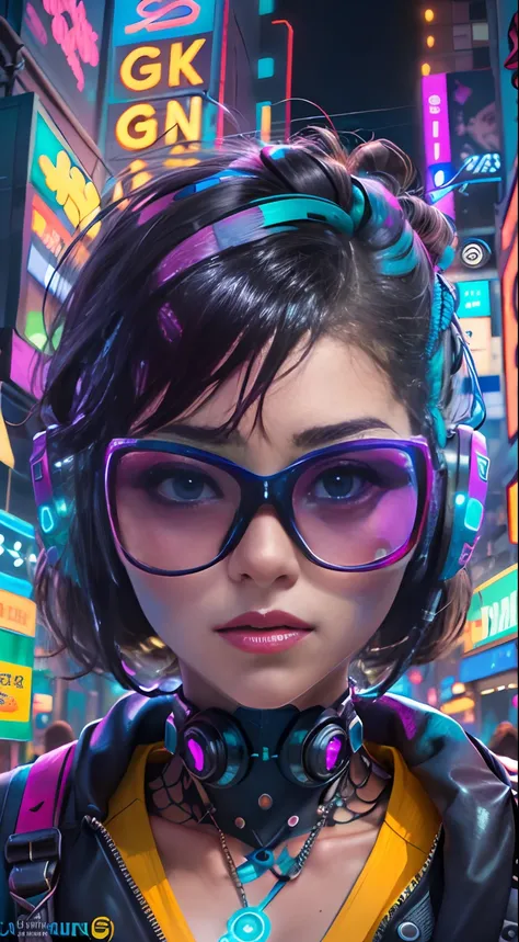 Obra maestra, La mejor calidad, 1 chica cyberpunk, Toma de cuerpo completo, De pie frente a la motocicleta, Mirando al espectador, Confident cyberpunk girl with daring expression, Conjunto pop inspirado en Harajuku, Colores y patrones llamativos, Accesorio...