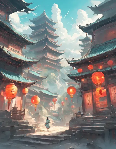 There is a painting，The painting depicts dreamy landscape art, Zen temple background, Oriental fantasy, landscape artwork, Temple background, background artwork, dreamy scenes, Detailed scenery —width 672, dreamy Chinese towns, oriental wallpaper, Chinese ...