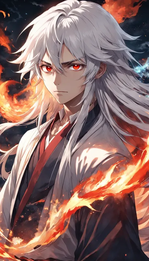 Best quality, Masterpiece, 超高分辨率, (photograph realistic:1.4), surrealism, Dream-like,fusionart, anime boy, long white hair, red eyes, in the dark, fire magic,