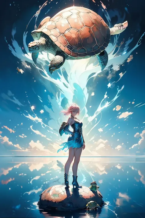 (((turtle)))，turtle，((Behind it is a giant tortoise))，A woman of outstanding figure，Wear a nice miniskirt，Leaking out of both shoulders，jewely，Amazing work，Vitreous luster,clean backdrop，High gloss，blue colors，In pink，cyan colors，red colour