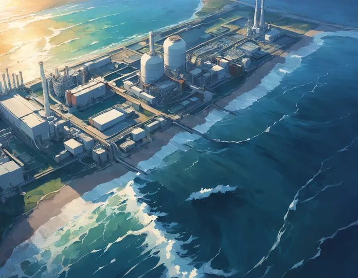 Depicting the appearance of the Fukushima nuclear power plant, Show the drain，Dumping contaminated water into the ocean. Emphasize the contrast between nuclear power plants and the vast sea