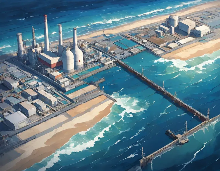 Depicting the appearance of the Fukushima nuclear power plant, Show the drain，Dumping contaminated water into the ocean. Emphasize the contrast between nuclear power plants and the vast sea