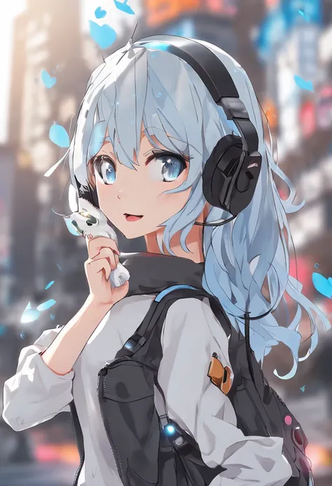 light blue hair, hollow eyes, cat ear headphones, smile, smile, blind box toy style, ray tracing, move chart, three sided view, Sony FE, UHD, retina, masterpiece, high quality, highres, 4K