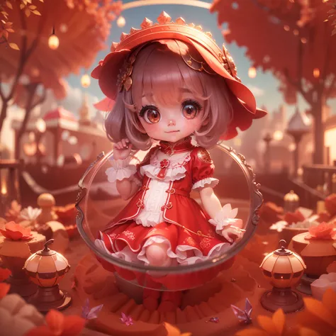 (sandbox:1.4),in a panoramic view，Solo, full body Esbian，tchibi，Cute little girl, wearing red dress，a panoramic view，Delicate headgear，ssmile，Rococo style，Glass material，crystal material，ighly detailed, cinematic lighting effect，8k，tmasterpiece，offcial art