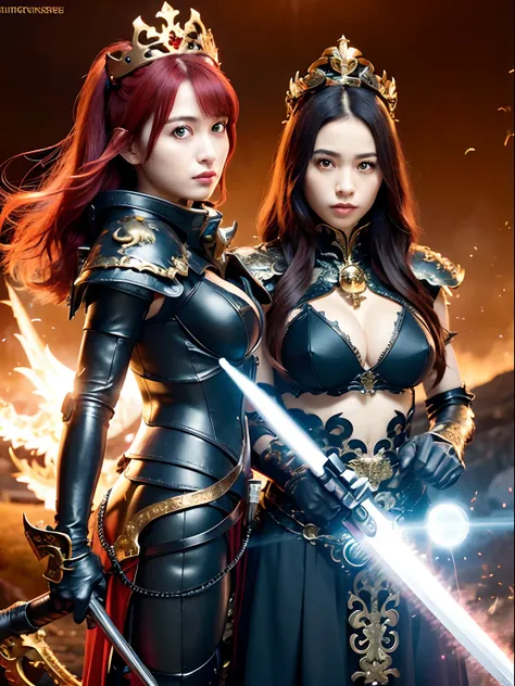 (masutepiece), Professional , ​masterpiece、top-quality、photos realistic , depth of fields 、（Dragon Black Metal Body:1.９),(Matte Blue Black、（cleavage of the breast）、Dragon Gold Weapon（Dragon Metal Body:1.４),Gorgeous gold weapons ,（（ Dragons dense and gorgeo...