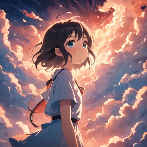 masterpiece, best quality, movie still, 1girl, cloud girl, floating in the sky, close-up, bright, happy, warm soft lighting, sunset, (sparks:0.7)