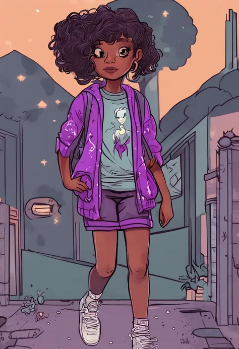 A 10 year old black girl with two animated drawings with a purple polkadot dress, full body portrait of a short girl!, Annabeth Chase, inspired by Lois van Baarle, urban girl fanart, detailed fanart, girl portrait or kaikamahine zodiac, Girl standing, styl...