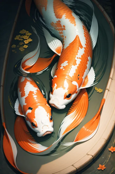 A serene masterpiece featuring an exquisite Koi fish and me, showcasing the vibrant colors and graceful movements of the fish in a tranquil water setting.