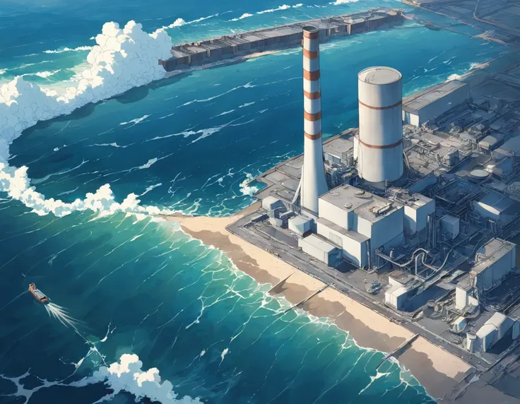 Depicting the appearance of the Fukushima nuclear power plant, Show the drain，Dumping contaminated water into the ocean. Emphasize the contrast between nuclear power plants and the vast sea