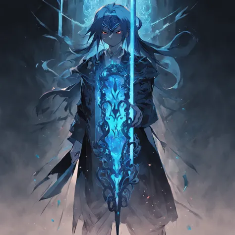 A blue scarf，It was chained to a broken pillar with a black spear，There is a glass cover underground，Bright magic arrays floated around(Dark background:1.4),(The silhouette of the demon head is a blurry reflection on the glass, Eyes closed, colorfull long ...