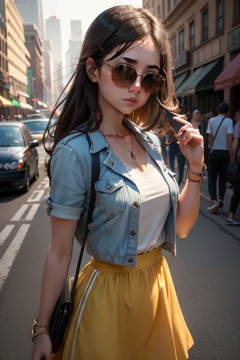 （Summer streets，A girl wearing sunglasses，Shot at a cinematic angle，4K graphics with the best quality and detail，Creates an atmosphere of official art，Use cinematic lighting to highlight the charm of Street View）。