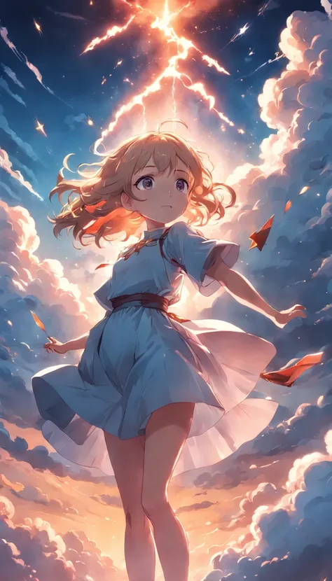 masterpiece, best quality, movie still, 1girl, cloud girl, floating in the sky, close-up, bright, happy, warm soft lighting, sunset, (sparks:0.7)