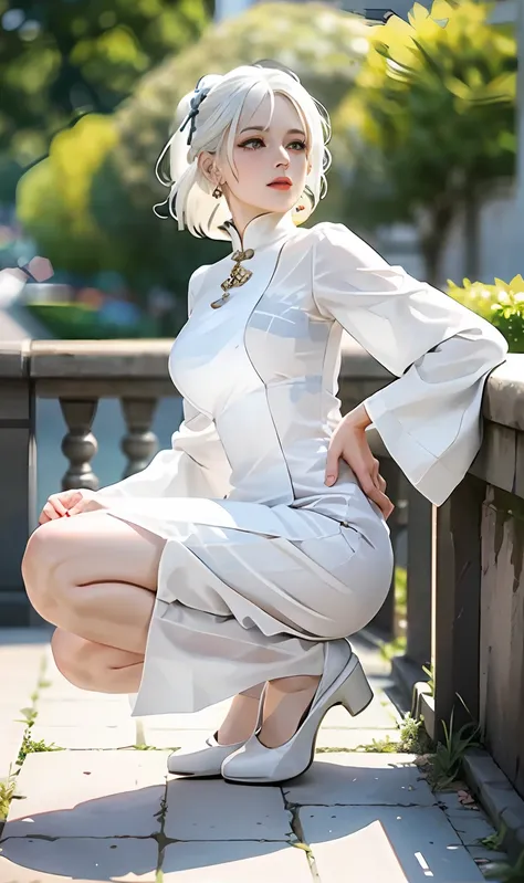 Close-up of a woman with white hair，period costume，white dresses，（（High heels in the city）），（full bodyesbian），（（（sitted））），8K quality