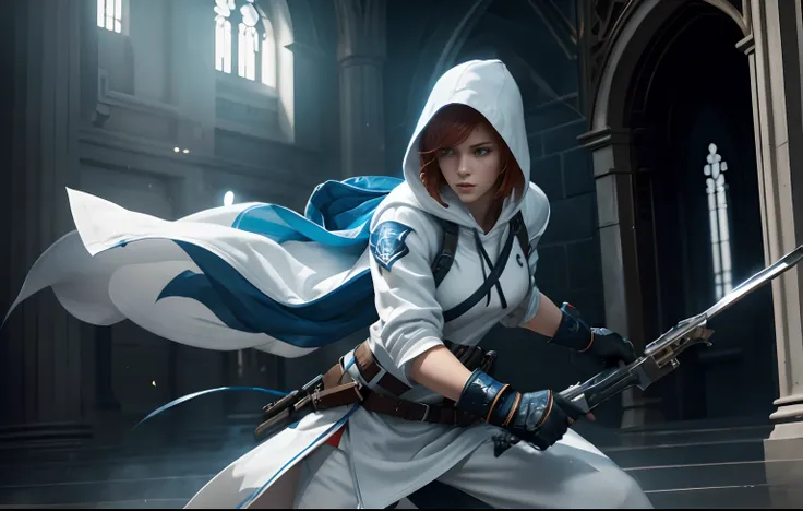 a beautiful 20 years old British female assassin, with short ginger hair, wearing white and blue hooded assassin outfit, splash art style, battle ready pose, dynamic angle shot, photo realism, volumetric lighting, intricate hand details, highly detailed, v...