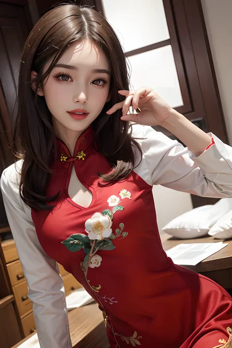 Realistic beauty，orthofacial，brunette color hair，on cheongsam，Picture of white teeth