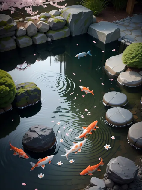 Amidst a Zen-inspired rock garden, a solitary koi fish glides through the calm waters of a tranquil pond, surrounded by meticulously placed stones and delicate cherry blossom petals, evoking a sense of harmony and tranquility, minimalist photography, black...