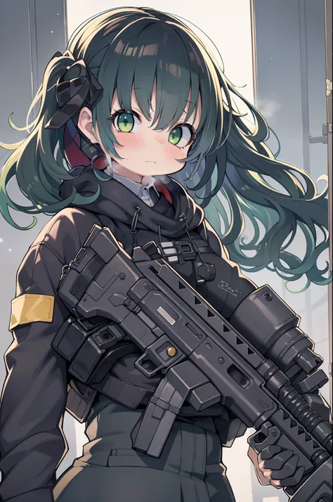 Hold a huge assault rifle、Long sideburns、Anime-style girl with beautiful whole body, clean detailed faces, ciber,analogous colors, Glowing shadows, beautiful gradients, depth of fields, CLEAN IMAGE, High quality,Black Parker Closing、 high detailing, High D...