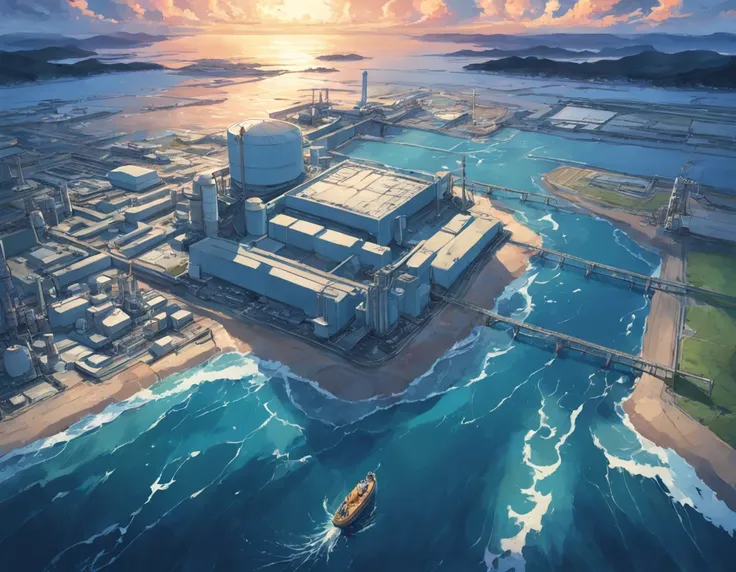 Depicting the appearance of the Fukushima nuclear power plant, Show the drain，Dumping contaminated water into the ocean. Emphasize the contrast between nuclear power plants and the vast sea