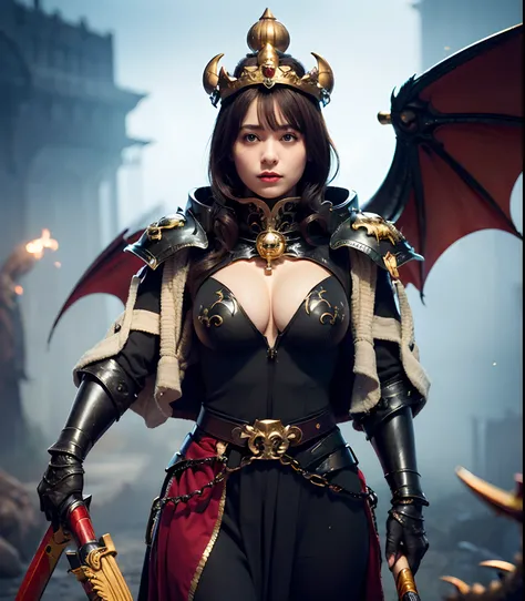 Professional , ​masterpiece、top-quality、photos realistic , depth of fields （Gemstone Black Metal Body:1.９),(Enamel Black、（cleavage of the breast）、Dragon Gold Weapon（Dragon Metal Body:1.４),Gorgeous gold weapons ,（（ Dragons dense and gorgeous sword）） , Beaut...