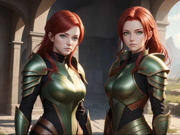 A female character wearing the same armor，Red hair and green eyes, in the style of unreal engine, full bodyesbian, Soft Shading, Beautiful and loving illustrations for childrens books in a consistent style