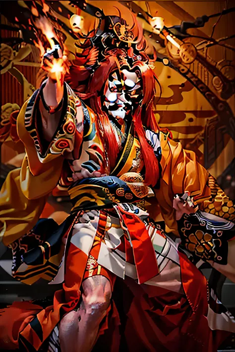 kabukiza,kabuki actor,ember,male people,kime pose,long hair,scary face,the background is the stage,a cool,realisitic,a picture,