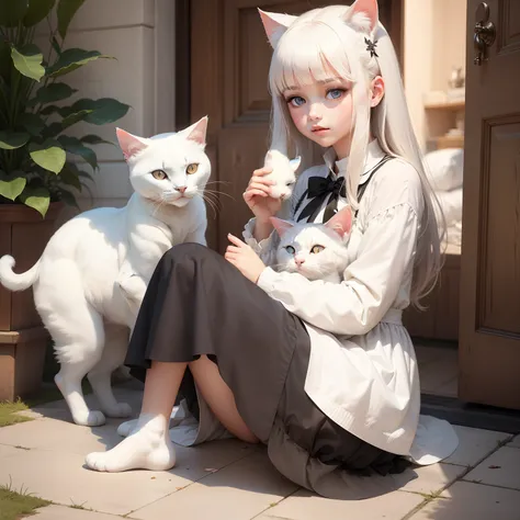 A beautiful girl have a beautiful white coloured cat in her hands