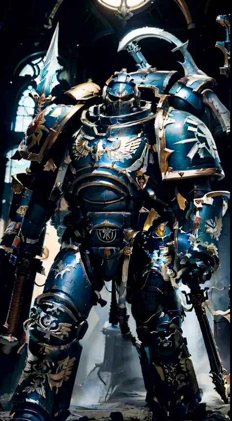 inside the building，silver full body armor，two meters tall，he held a black spear in his hand，huge power armor， large thick armor...