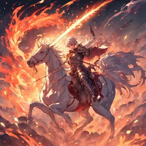 knight with fire sword charging on a unicorn towards a red skinned devil, epic, radiant, motions, amazingly detailed, hyperrealistic.