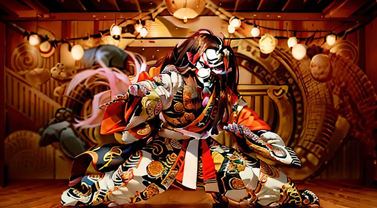 kabukiza,kabuki actor,ember,male people,kime pose,long hair,scary face,the background is the stage,a cool,realisitic,a picture,