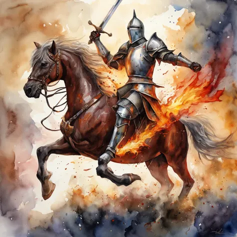 knight with fire sword charging on a unicorn towards a red skinned devil, epic, radiant, motions, amazingly detailed, hyperrealistic.