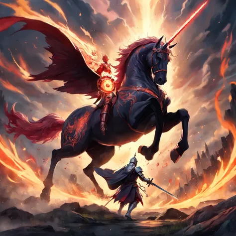 knight with fire sword charging on a unicorn towards a red skinned devil, epic, radiant, motions, amazingly detailed, hyperrealistic.