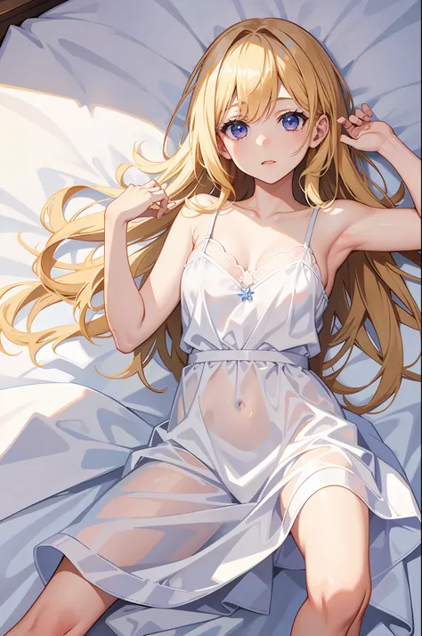 female nobel idol, thin white sleepwear outfit, lying on the bed, best quality anime 16k wallpaper, masterpieces, sexy aura, blonde, bedroom background