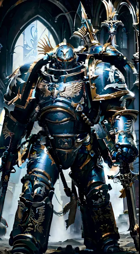 inside the building，silver full body armor，two meters tall，he held a black spear in his hand，huge power armor， large thick armor...