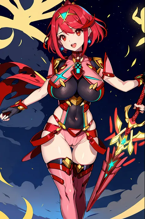 pyra (xenoblade), teen_1girl, loli, armor, bangs, black gloves, breasts, red eyes, light_open_mouth, earrings, eyelashes, fingerless gloves, floating hair, framed breasts, gem, gloves, hair ornament, headpiece, jewelry, big_breasts, leaning back, leotard, ...