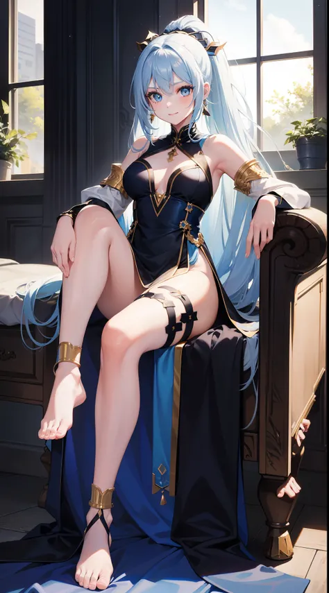 young girl, Long white hair with blue strands, blue eyes, high ponytail, Black blue dress, Gold Elements, bare back, Sits, foot on foot, ssmile, Masterpiece, hiquality