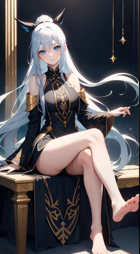 young girl, Long white hair with blue strands, blue eyes, high ponytail, Black blue dress, Gold Elements, bare back, Sits, foot on foot, ssmile, Masterpiece, hiquality