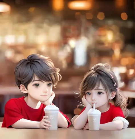 Anime couple sitting at a table，Holding a drink in your hands, lovely digital painting, adorable digital art, Boy and girl, cute couple, Cute detailed digital art, Cute cartoon, cute cute, Cute and lovely, cute 3 d render, lovely art style, Guviz-style art...