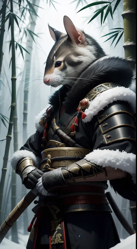 samurai, rat, snow, bamboo jungle, Animal Anthropomorphism, realistic digital, humanoid, abstract background, global illumination, intricate, epic, dramatic, masterpiece, high detail, best quality, ultra high res