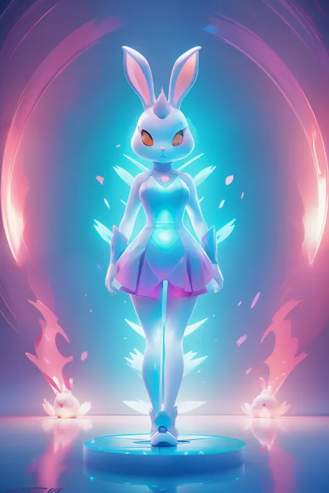 (((edgBunny)))，edgBunny，(((Behind it is a huge rabbit)))，A woman of outstanding figure，Wear a nice miniskirt，Leaking out of both shoulders，jewely，Amazing work，Vitreous luster,clean backdrop，High gloss，blue colors，In pink，cyan colors，red colour