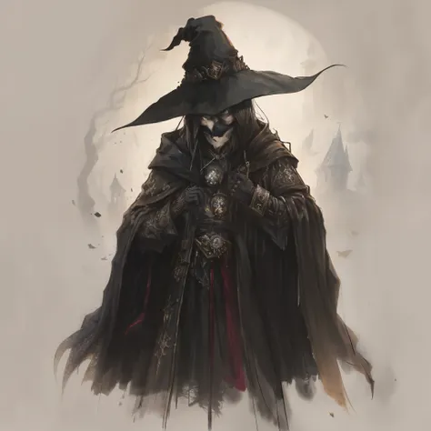 A painting of a wizard wearing a black hat and a cloak, dark wizard, dark witch character, Medieval Epidemic Bird Hat,dark cloaked necromancer, wearing black wizard robes, Sackcloth robe，Sackcloth cap，dark robed witch, ww 1 sith sorcerer, dark hooded wrait...