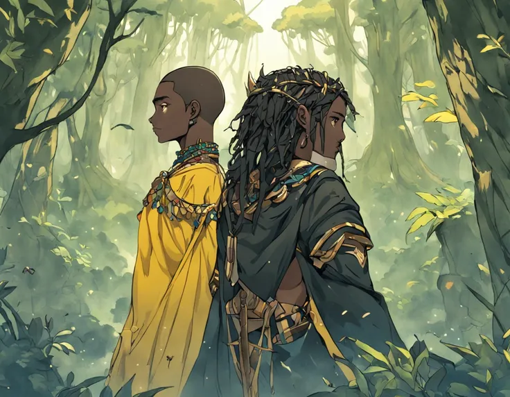 um belo casal de guerreiros um homem negro e uma mulher negra com um fundo de floresta encantada( em uma roupa azul turquesa e amarelo , imagem de um guerreiro masculino adulto, da tribo africana Ioruba , Maasai, africano, brown skin man egyptian prince, d...