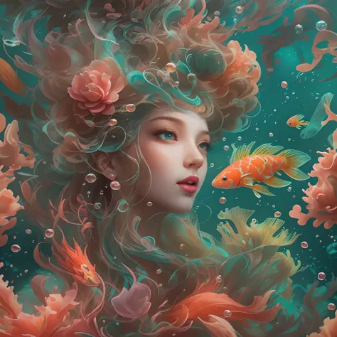 ModelShoot style, (Extremely detailed Cg Unity 8K wallpaper), A chaotic storm of intricate liquid smoke in the head, Stylized abstract photo of mermaid, wetted skin,Koi，Beautiful koi，Flocks of koi,carp，Strange shaped corals，ocean floor，Beautiful coral reef...