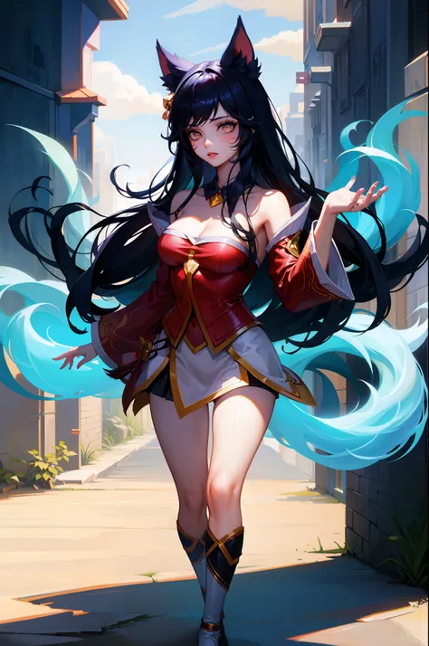 ahri, 1girl, absurdres, ahri_\(league_of_legends\), animal_ears, black_hair, breasts, detached_sleeves, distr, facial_mark, fox_...