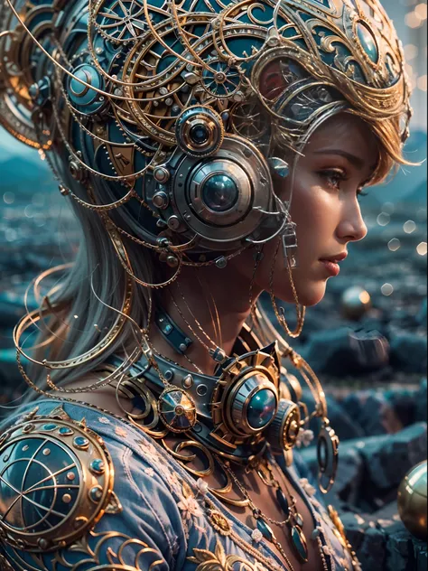 ((La mejor calidad)), ((obra maestra)), (muy detallado:1.3), astronauta, el esta ubicado en el centro, Exploring an alien planet with mountains in the background, spheres with fractal designs around, cyberpunk, Fractal design in the background, FUTURISTICA...