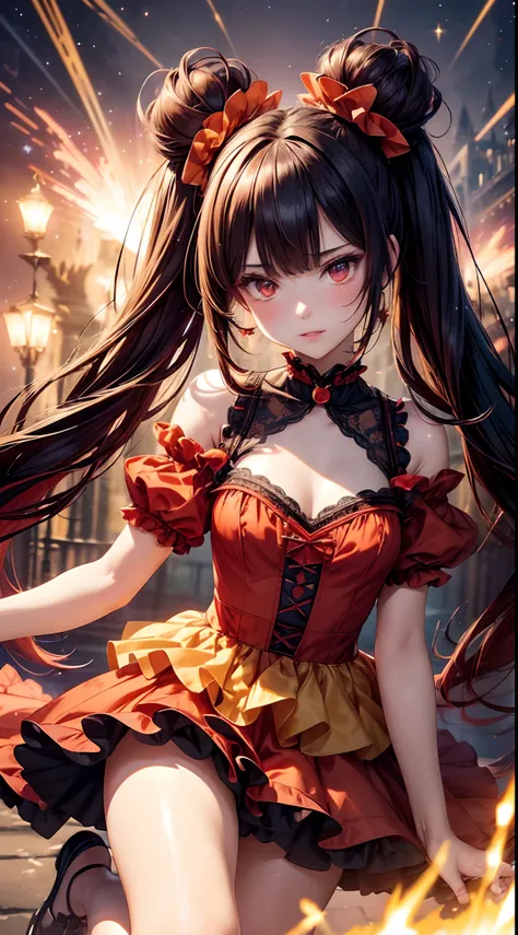 (fullbody, legs and shoes visible: 1.2)) expressive eyes, woman, pale skin, long hair, windblown hair, ((long hair)), long sidelocks, hime bangs, hair fringe, hair bun, ((long twintails)), flaming hair, red hair, blushing, full face blushing, big sparkling...