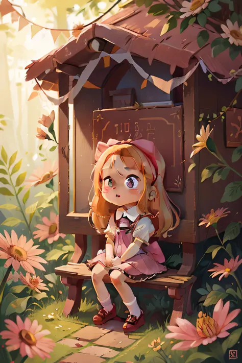 Clara is a 6 year old girl, cute, long blonde hair, expressive brown eyes, cheerful, pink dress, bow on her head, she is sitting alone on a bench in a square with lots of flowers