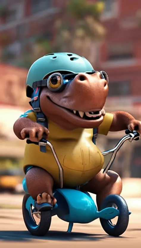 Fun and very funny hippopotamus in bike helmet! Riding a small bike. a close up of a. The background is blurred when moving. Disney Pixar cartoon. A lot of detail.